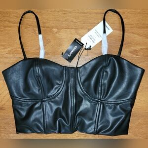 Express Body Contour Black Faux Leather Corset Cropped Top, Size S